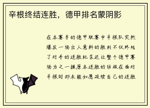 辛根终结连胜，德甲排名蒙阴影