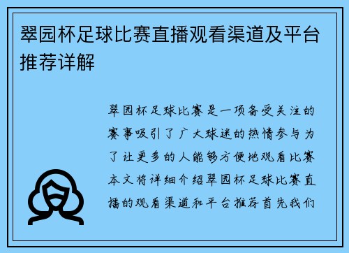 翠园杯足球比赛直播观看渠道及平台推荐详解